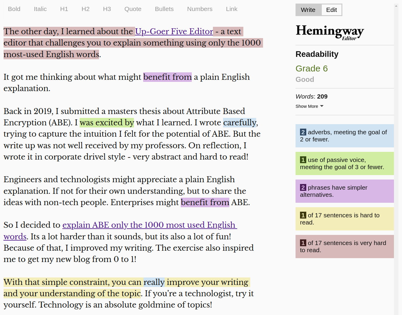 example of feedback on prose using Hemingway Editor