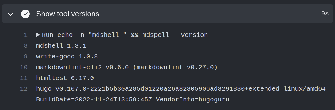 screenshot of a Show Tool Versions stage in a build pipeline
