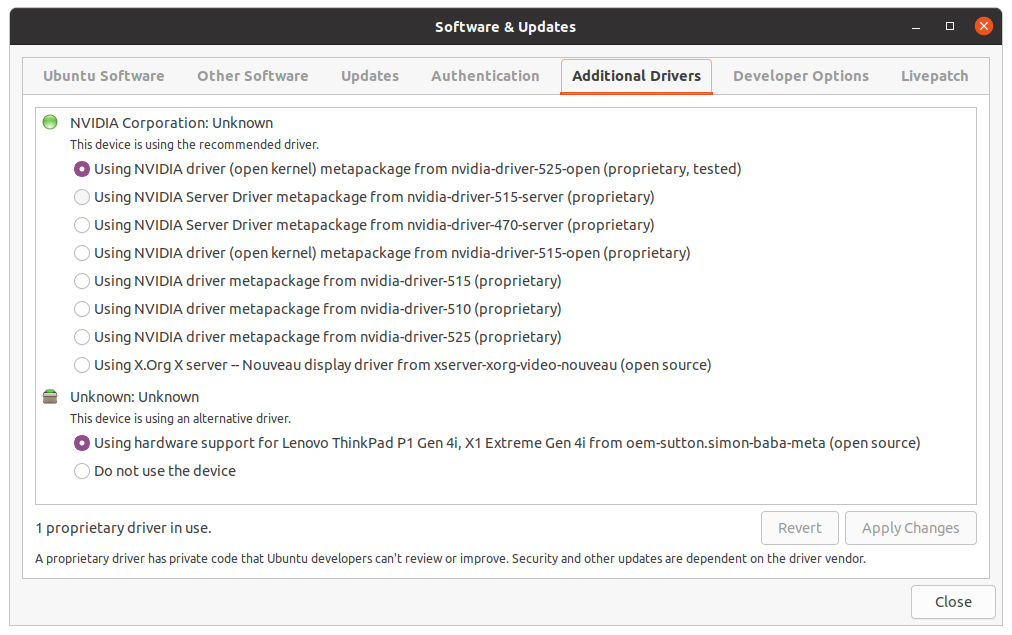 Ubuntu Additional Drivers configuration